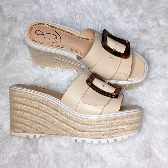 Sam Edelman Livi Cream Squared Open Toe Buckle Platform Wedge Sandals 9.5 - Picture 1 of 13